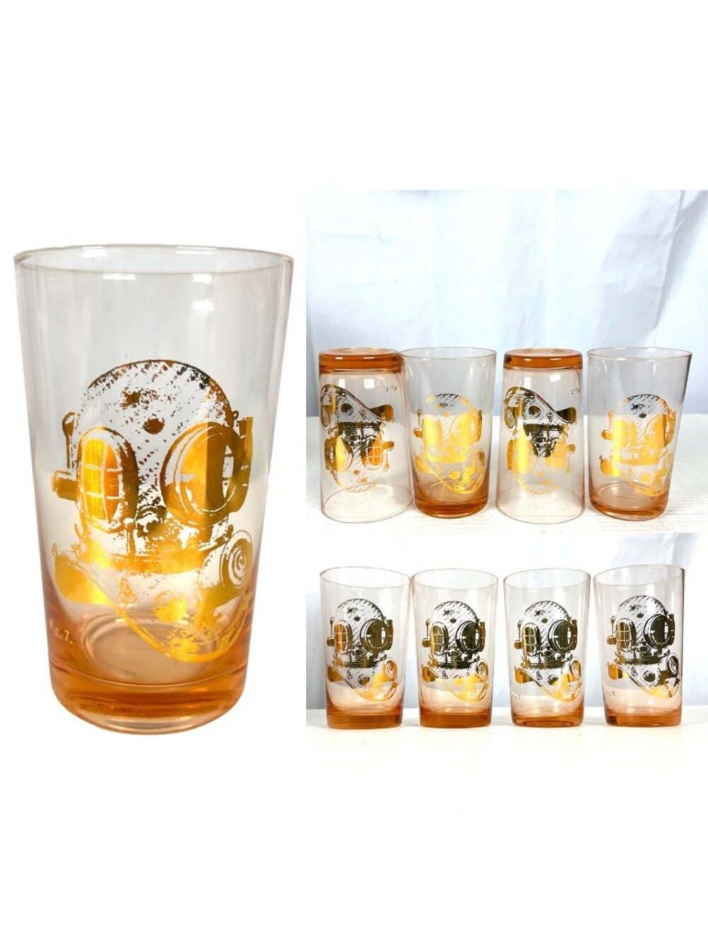 Mark V Diving Helmet 4 Retro Nautical Cocktail Pint Glass Tumbler Lot Gold Leaf